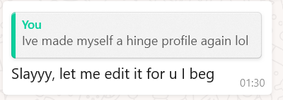 Screenshot of WhatsApp message. A friend replies 'Slayyy, let me edit it for u I beg' to me saying 'Ive made myself a hinge profile again lol'